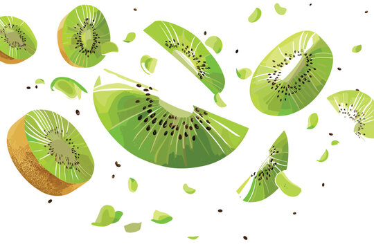 Qiwis and half of qiwi fruits in the splash of green juice, hand drawn watercolor illustration.
