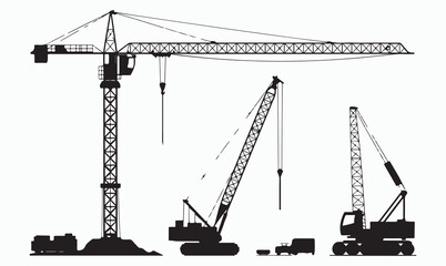  Industrial construction cranes lifting materials with factories and buildings in a skyline, engineering work