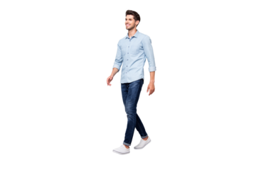 Full size turned photo of positive cheerful man have free time fun go walk want meet university friends wear casual style clothes isolated over grey color background