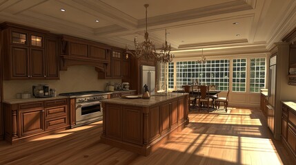 A spacious, elegant kitchen with rich wood cabinets and large windows.