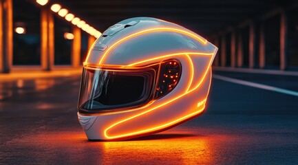 Fototapeta premium Futuristic white motorcycle helmet with glowing orange accents