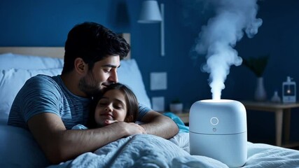 Father Child Sleeping Bed Humidifier Steam Dark Room Family