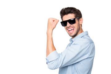 Photo of excited cheerful ecstatic overjoyed man excited about having gone on vacation isolated over grey color background