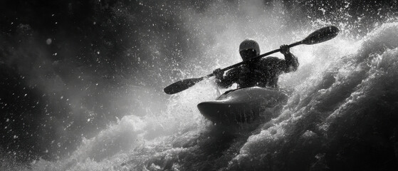 Fototapeta premium Kayaker navigates stormy waters with intense focus