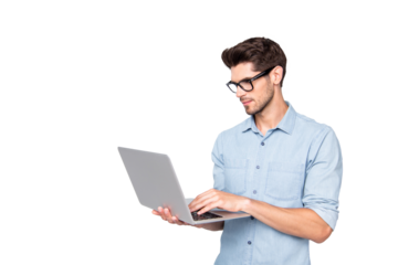 Photo of thoughtful focused clever interested freelancer holding laptop with hands wearing eyeglasses working on deadline project isolated grey color background