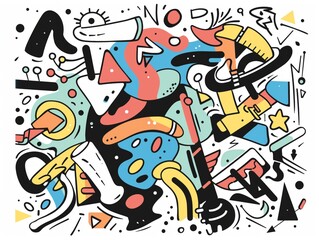 Colorful abstract artwork featuring playful shapes and bold lines in a lively composition full of energy and creativity