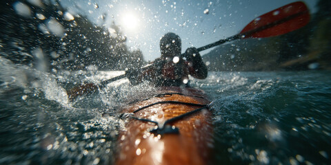 Kayaker paddles through splashing water, seen from dynamic underwater angle