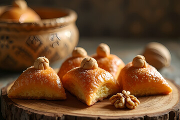 Pillow-shaped buns with nut filling on a wooden stand