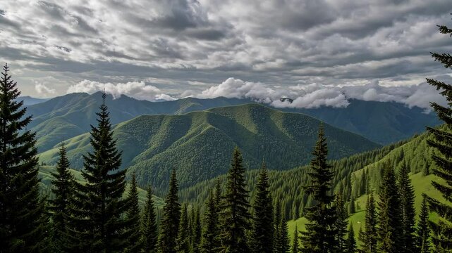 Majestic mountain panorama with rolling clouds and lush pine forest captured in highresolution timelapse