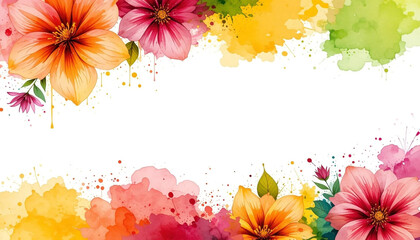Vibrant Abstract Watercolor Floral Background with Coral Lime Magenta and Yellow Spring Flowers and Central Copy Space