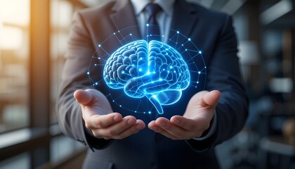 Business people holding a brain hologram in their hands represent the new AI technology is useful in the busines and marketing too
