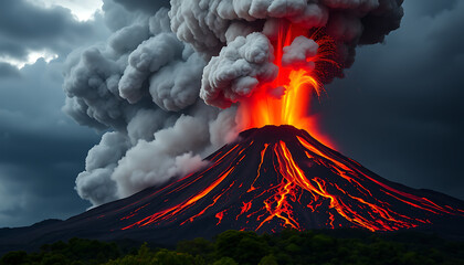Volcanic eruption of Mount Fuji with smoke and lava in a snowy mountain landscape under a cloudy sky