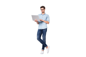 Full length body size photo of focused serious intelligent coworking manager standing confidently with legs crossed searching for news via internet connection isolated grey color background