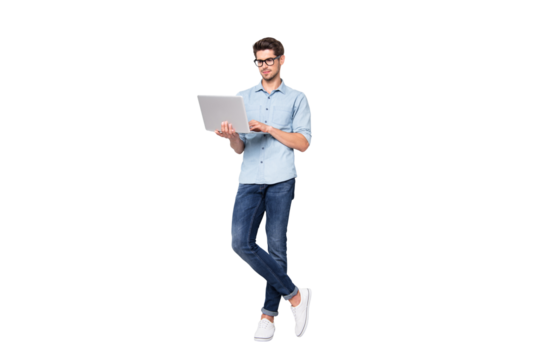 Full length body size photo of focused serious intelligent coworking manager standing confidently with legs crossed searching for news via internet connection isolated grey color background