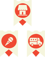 Colorful festival event tickets with various symbols for music performance and food