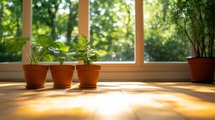 Fototapeta premium Indoor plants in sunlight by the window create a natural home decor atmosphere