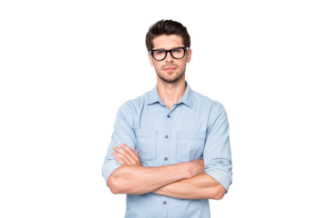 Photo of serious confident business coach standing with arms crossed with bristle on his face staring at you isolated over grey color background