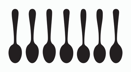  Set of black silhouette illustrations of spoons arranged in a row, representing tableware and kitchen tools.