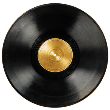 disco de vinilo Lp vintage de color negro con etiqueta dorada sobre fondo blanco