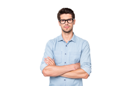 Photo of serious confident business coach standing with arms crossed with bristle on his face staring at you isolated over grey color background