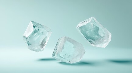 Obraz premium Three ice cubes levitate against a mint-green backdrop