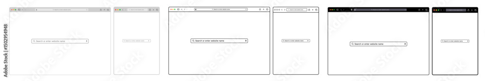 Poster browser window Website mockup template with frames for PC, laptop, tablet, and mobile in fill and outline. Includes white and dark modes. Vector illustration for UI and web design presentations.