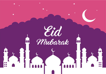 Eid Mubarak greeting with mosque silhouette and crescent moon on vibrant background