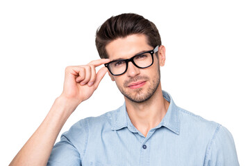 Close up photo of confident serious intelligent clever smart man staring at you intently with new eyewear isolated over color grey background