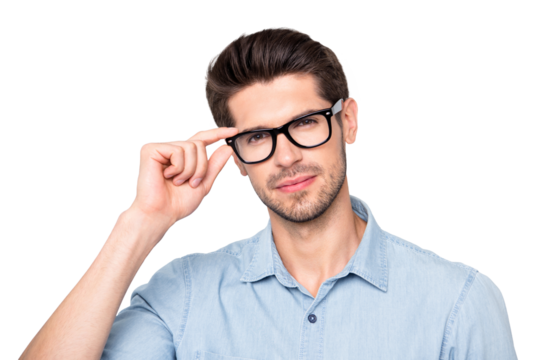 Close up photo of confident serious intelligent clever smart man staring at you intently with new eyewear isolated over color grey background