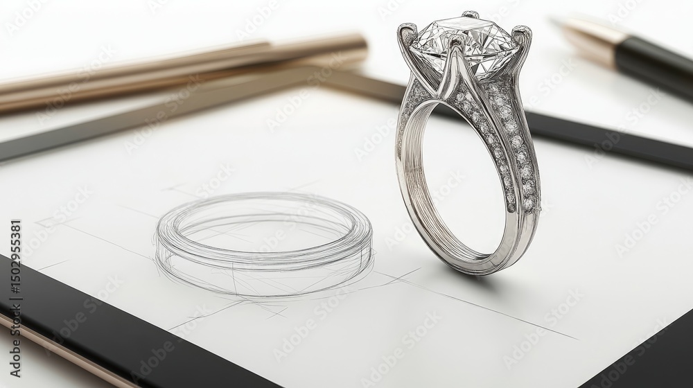 Poster digital tablet displaying a ring sketch with layers and dimensions for custom design