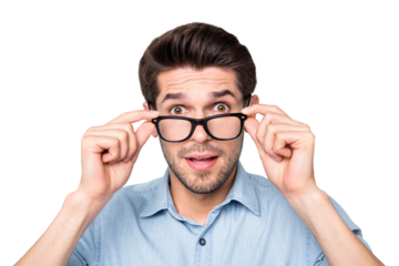 Close up photo of speechless man shocked with his eyesight corrected with new eyewear isolated over grey color background