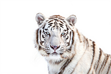 Obraz premium Close-up portrait of a white tiger isolated on white background, showcasing its striking blue eyes and distinctive black stripes