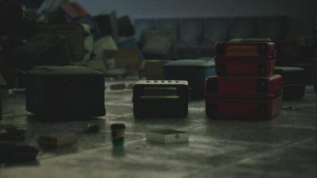 Inside an abandoned airport, various pieces of forgotten luggage are scattered across the floor, hinting at past journeys and neglected travel plans. Dust and decay fill the atmosphere.