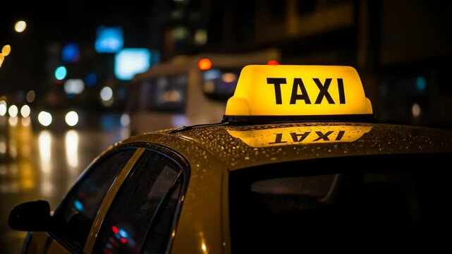 Close-up of bright yellow taxi sign on car roof at night on wet city street, reflecting city lights and blurred vehicle lights in background
