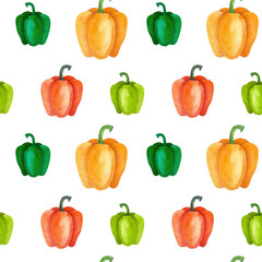 Seamless watercolor pattern with vegetables. Illustration pepper, eggplant, tomato, carrot, hand drawn. Vegetarian diet food with vitamins, for cooking delicious dishes and healthy food.