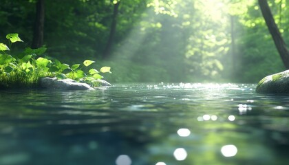 Fototapeta premium Tranquil forest stream with sunlight reflecting on water surface