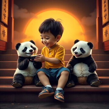 A cute little Asian boy is  happy sharing food with two small panda bears AI