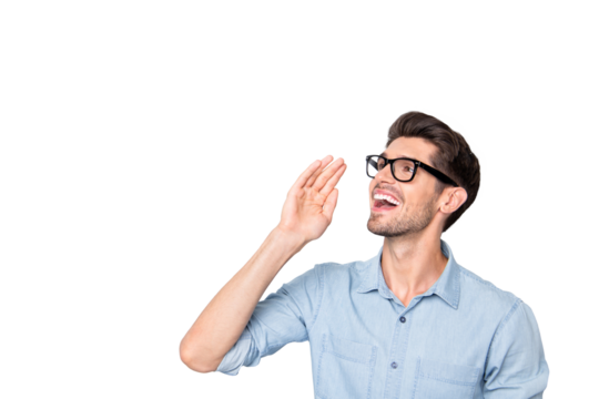Photo of cheerful positive guy shouting at empty space wearing spectacles advertising isolated over grey color background - Powered by Adobe