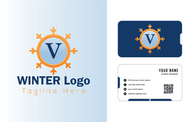 Vector business card design template with infographic elements and icons for web layout winter V logo design