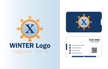 Vector business card design template with infographic elements and icons for web layout winter X logo design