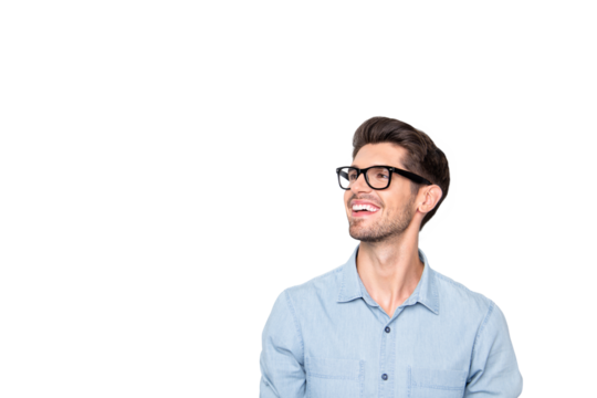 Photo of cheerful positive funky staring man looking into empty space wearing eyeglasses smiling beaming isolated over grey color background