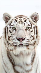 Fototapeta premium Close-up portrait of a majestic white tiger isolated on white background, showcasing its striking stripes, piercing eyes, and powerful presence