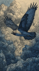 Fototapeta premium Eagle watercolor stormy cloud flying majestic bird blue sky nature dramatic powerful wildlife