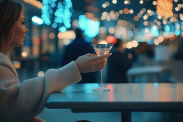 Woman holding glass of beverage in bar setting with soft lighting and festive bokeh