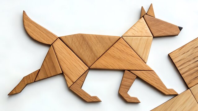 Wood tangram puzzle in dog shape on white background.

