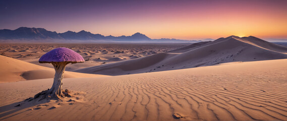Surreal Purple Desert Landscape with Massive Sand Dunes, Bioluminescent Fungi, and a Distant Mysterious Monolith in a Sci-Fi Fantasy Alien World