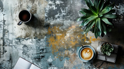 Coffee latte plant and notebook on textured tabletop