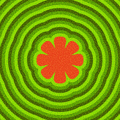 Bright red flower shape with rounded petals on layered green ripple waves. Vector illustration for decorative use.