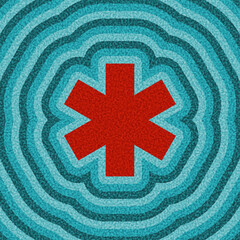 Bold red asterisk icon over concentric blue ripple rings. Vector illustration with abstract pattern.