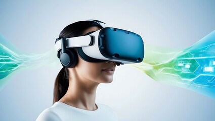 Fototapeta premium Young Woman Experiencing Immersive Virtual Reality Headset Technology